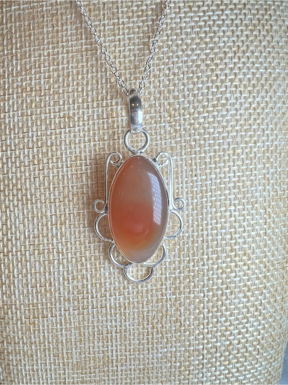 Sterling silver .925 stamped polished oval carnelian scrollwork frame necklace